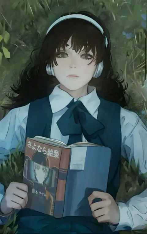 Chainsaw Man'den Asa Mitaka'nın çimenlere uzanmış, kulaklıklarıyla elinde Tatsuki Fujimoto'nun Sayonara Eri kitabını tuttuğu illüstrasyon