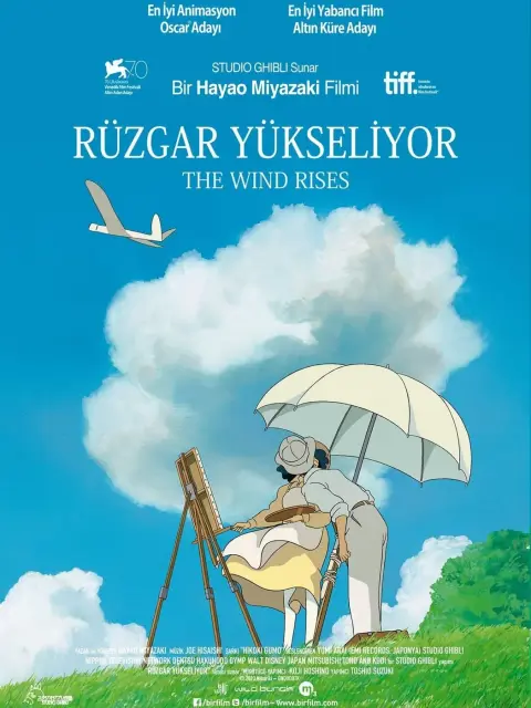 Rüzgar Yükseliyor film afişi: bulutlu mavi gökyüzünde süzülen planör ve beyaz şemsiyenin altında resim yapan Nahoko ile Jiro