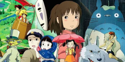 Studio Ghibli filmlerinden karakter kolajı: Chihiro ile Yüzsüz, Totoro, Prenses Mononoke, Ateşböceklerinin Mezarı ve Laputa